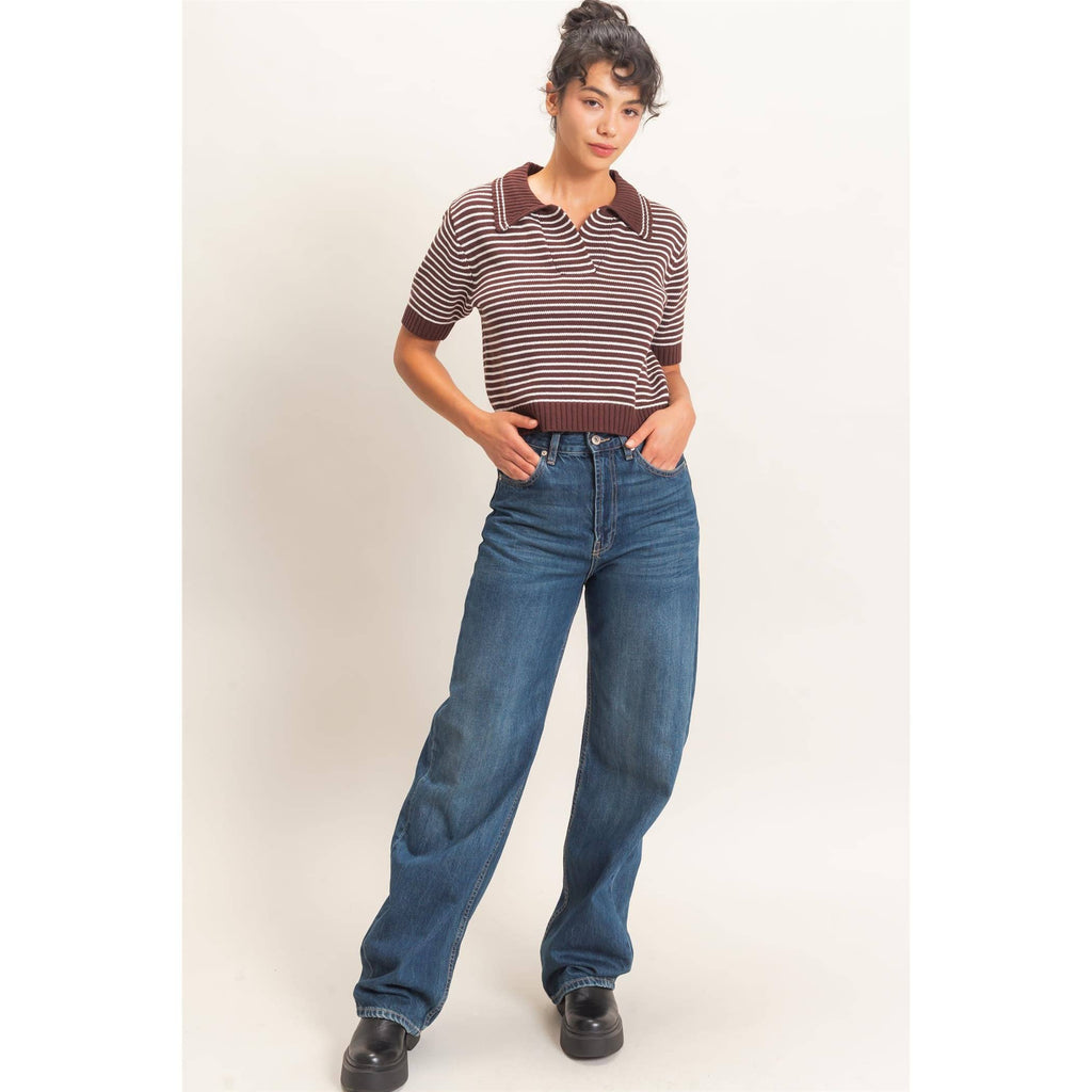 Striped Short Sleeve Collar Knit Top