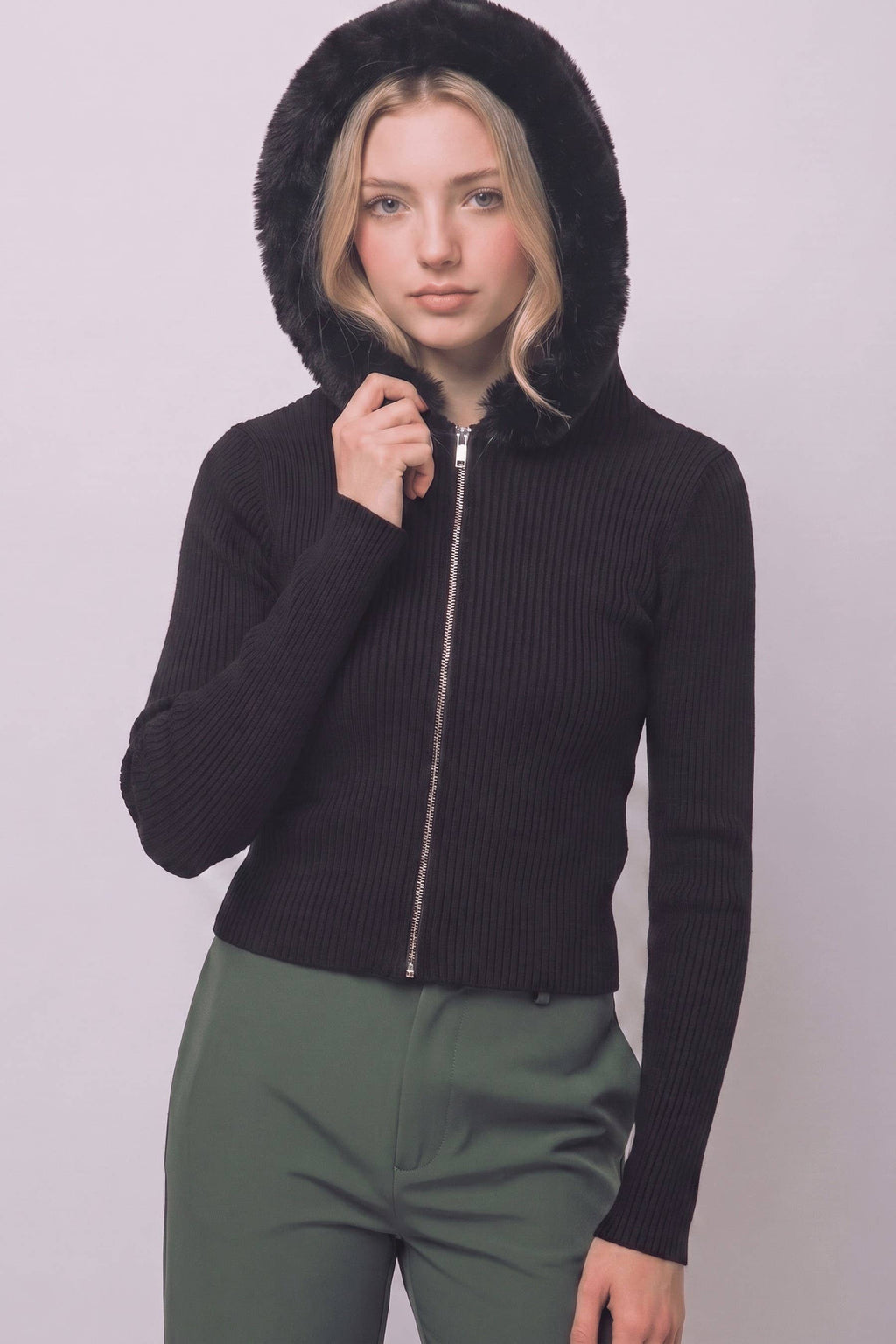 Faux-fur Trim Hooded Zip-up Sweater