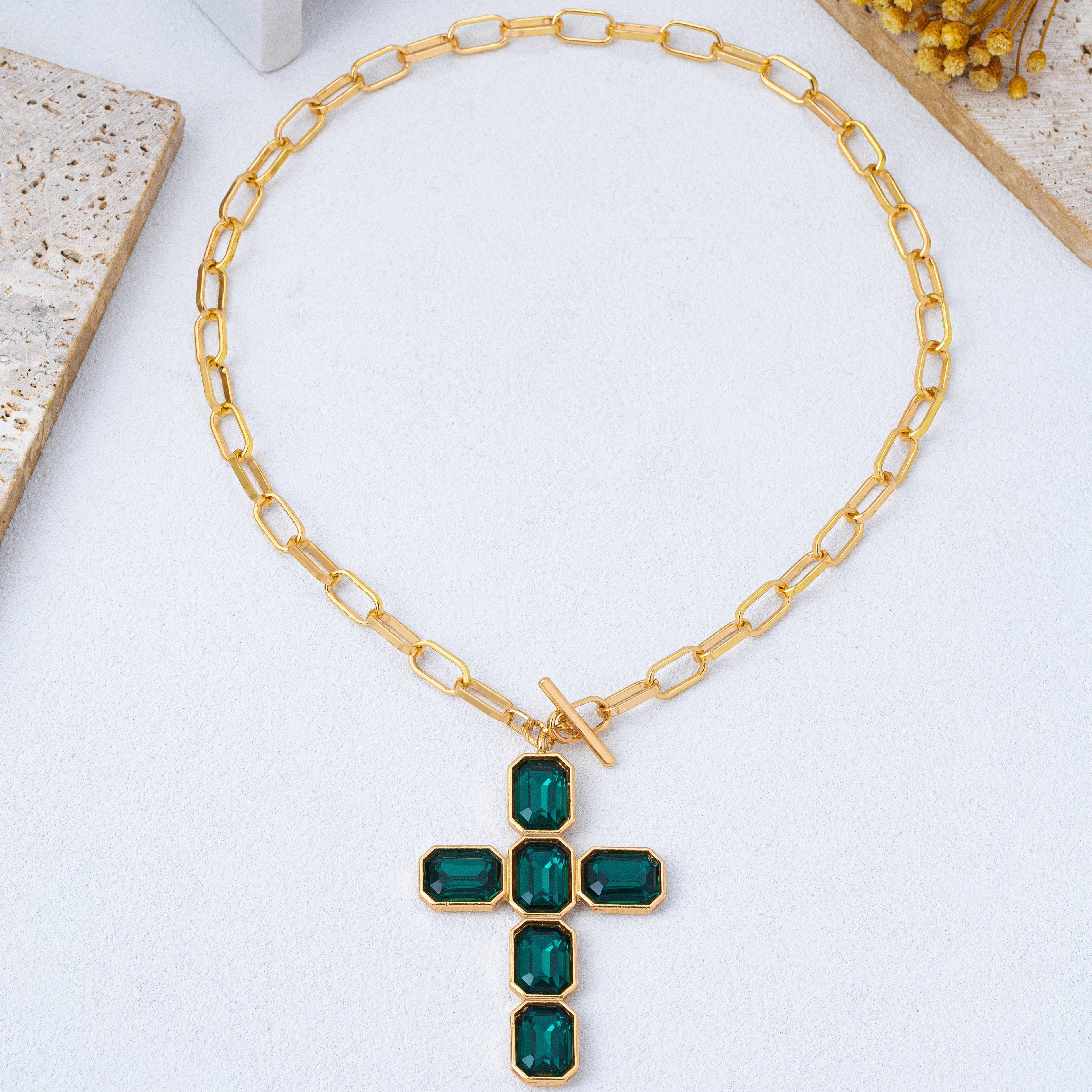 Bezel Set Rhinestone Cross Front Toggle Necklace | 80N93437