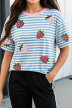 LAS Stripe Sequin Strawberry Contrast Trim Tee (S-XL)