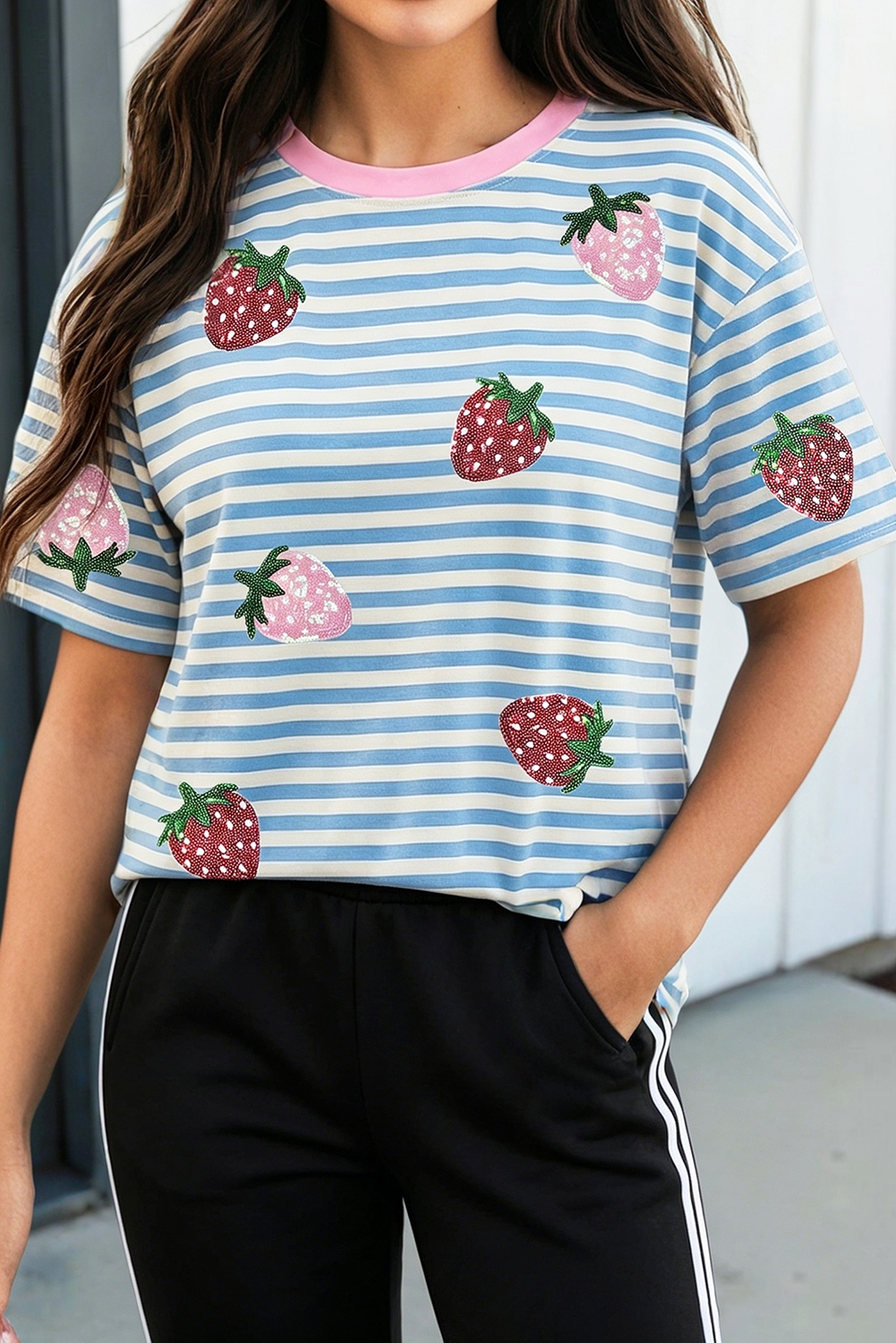 LAS Stripe Sequin Strawberry Contrast Trim Tee (S-XL)