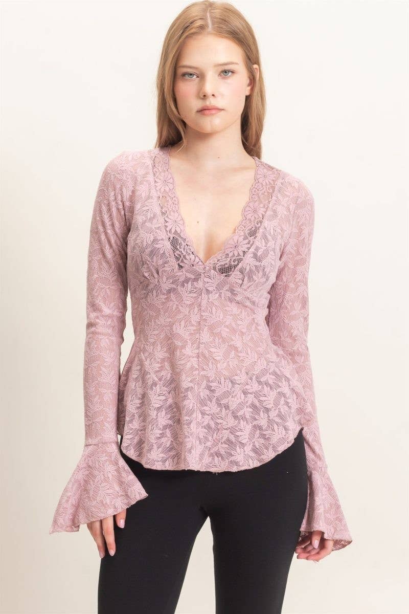 Lace V-neck Flare Sleeve Top