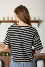STRIPE SHORT SLEEVE BOXY HENLEY KNIT TOP