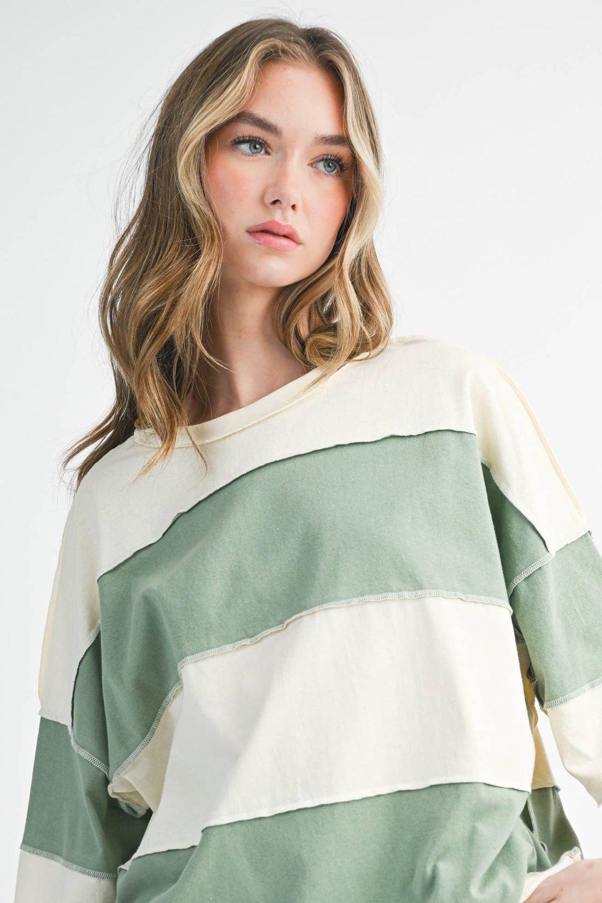8551GN Contrast Panel Long Sleeve Slouchy Pullover 1