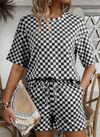 Checkered Short Sleeve Drawstring Lounge Set