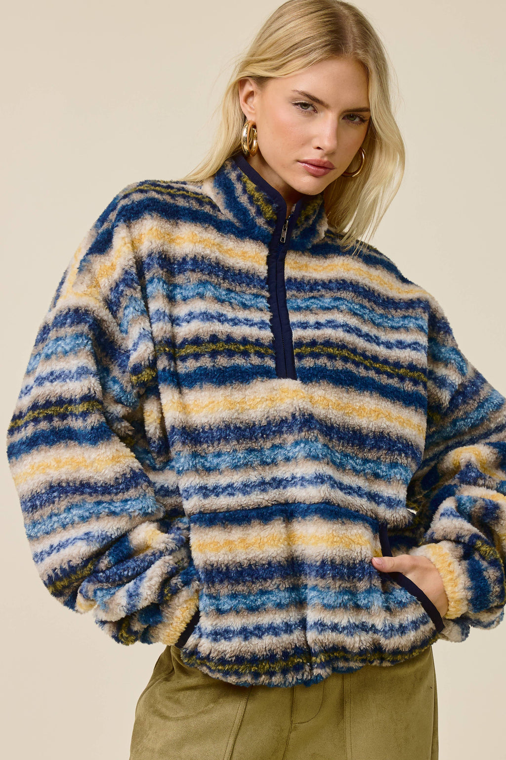 Novelty Stripe Sherpa Half Zip Pullover