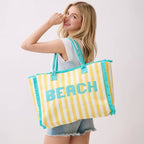 BEACH Letter Embroidery Terry Cloth Frayed Striped Shoulder Tote Bag