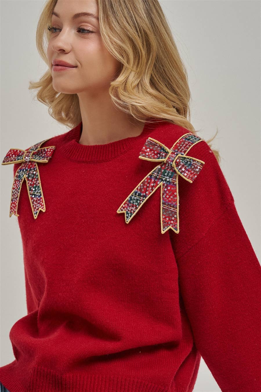 CHRISTMAS HOLIDAY SWEATER TOP WITH BOW APPLIQUES_JLT00420-01