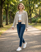 Striped Collared 5 Button Cardigan