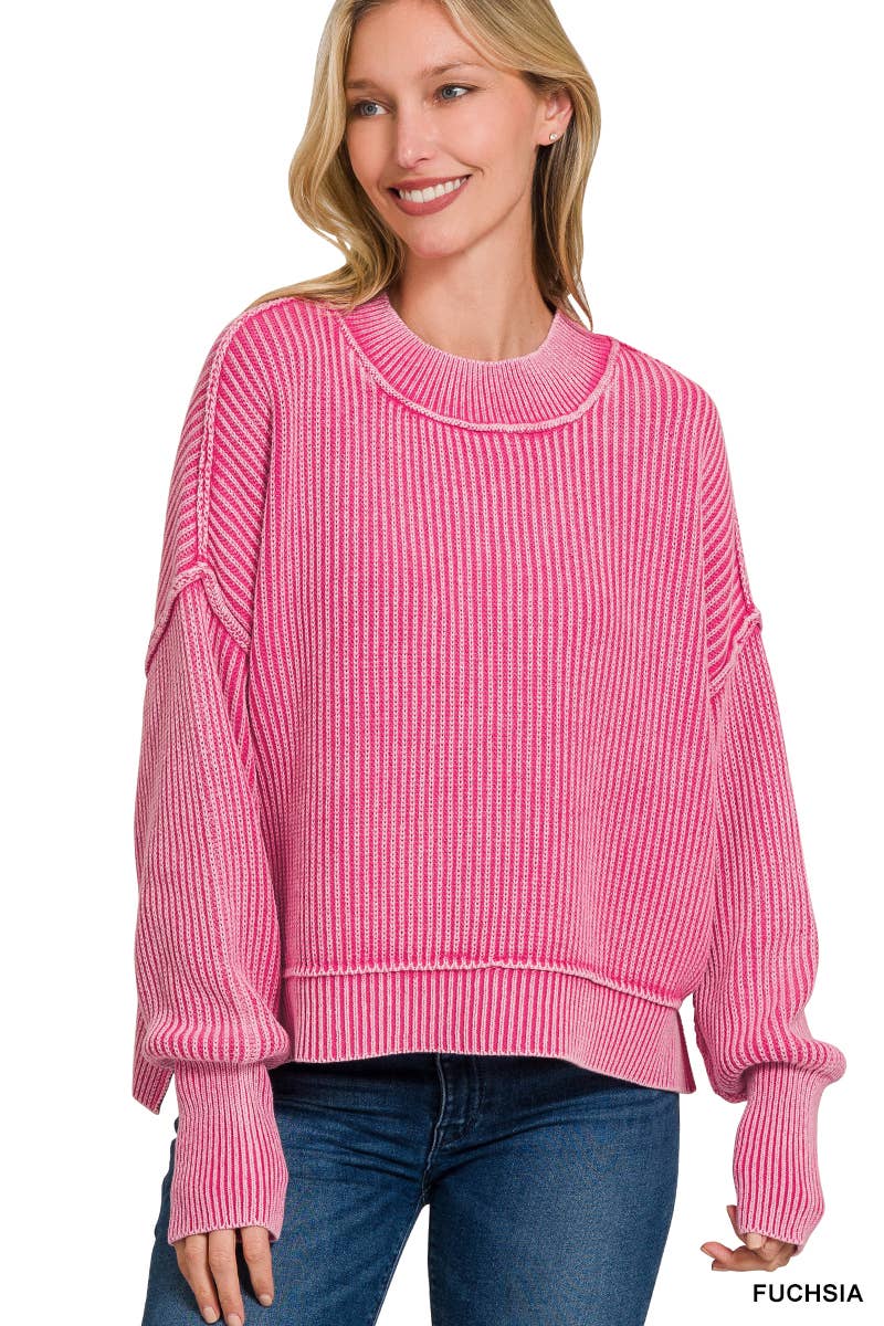 `Washed Side Slit Oversized Cropped Sweater SI-26510 Zenana