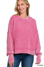 `Washed Side Slit Oversized Cropped Sweater SI-26510 Zenana