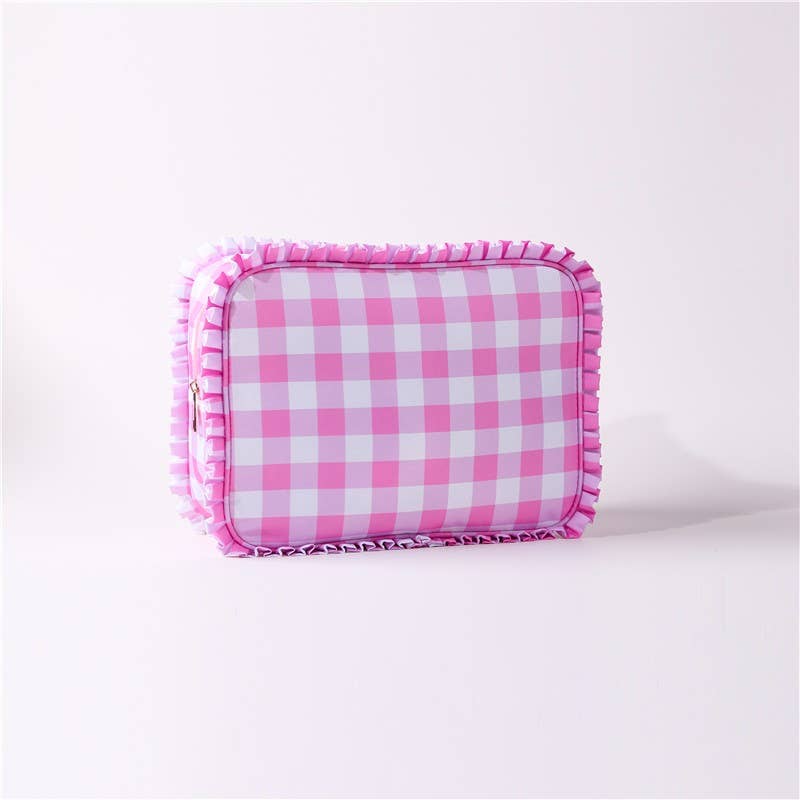 RUFFLE CHECKER STRIPE COSMETIC TRAVEL POUCH BAG | 40P608