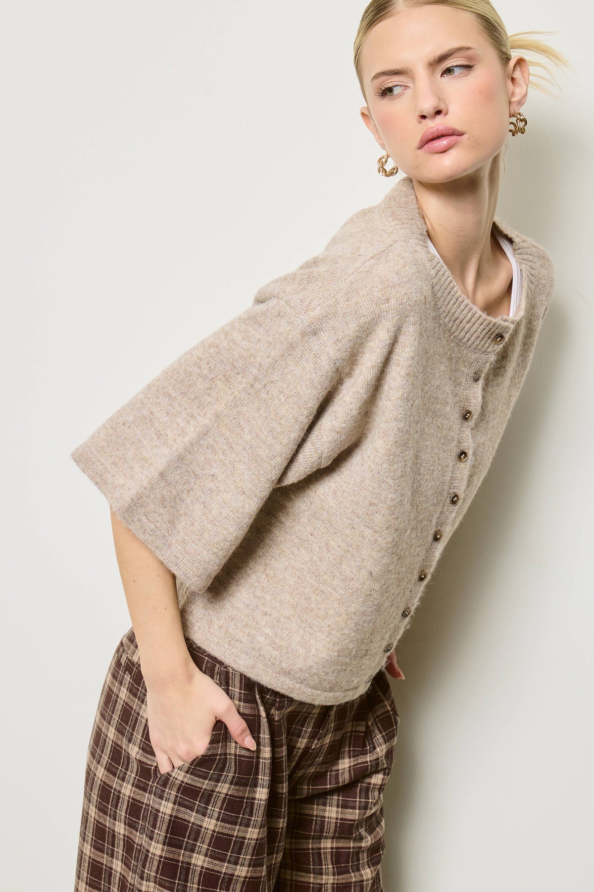 Wide Sleeve Button Front Knit Cardigan