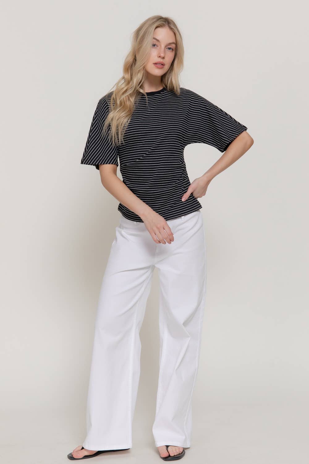 Short Dolman Sleeve Defined Silhouette Stripe Knit Top
