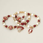 3PCS - Game Day Football Helmet Charm Beaded Stretch Multi Layered Bracelets
