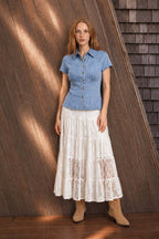 COLLARED BUTTON DOWN CINCHED WAIST DENIM TOP