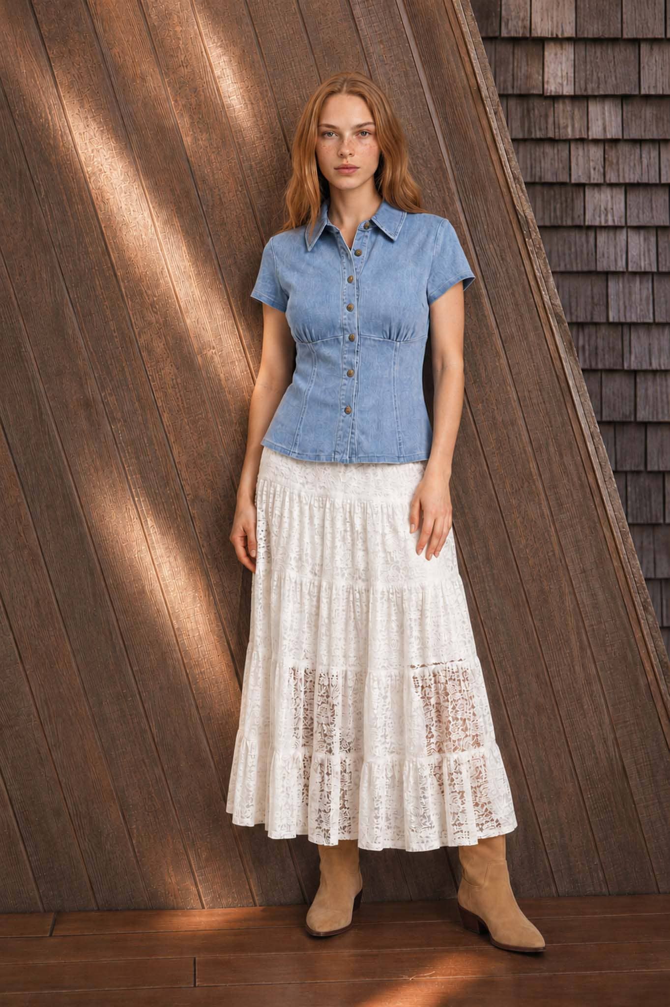 COLLARED BUTTON DOWN CINCHED WAIST DENIM TOP
