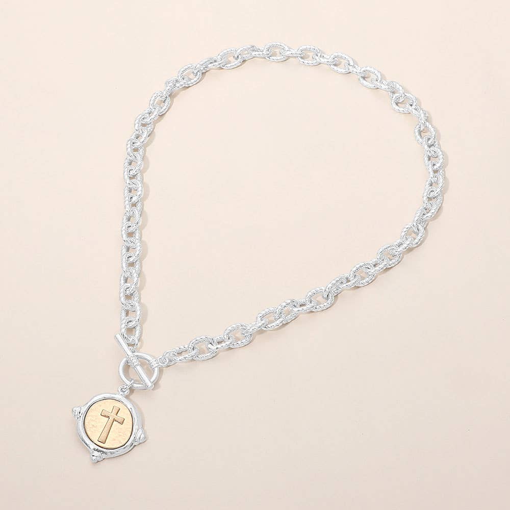 Vintage-Inspired Metal Cross Embossed Medallion Pendant Toggle Necklace
