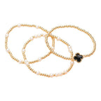 3PCS - Quatrefoil Pearl Metal Ball Beaded Stretch Bracelets