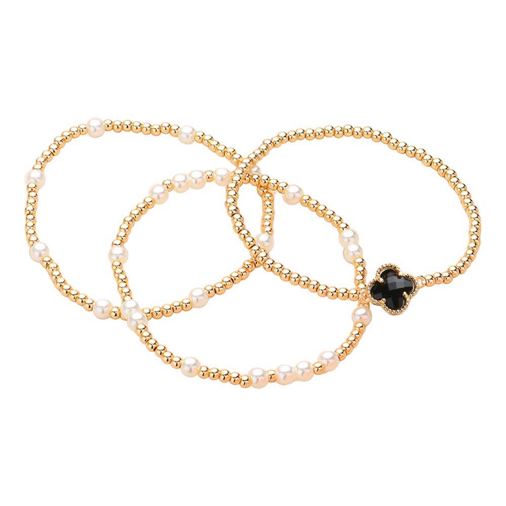 3PCS - Quatrefoil Pearl Metal Ball Beaded Stretch Bracelets