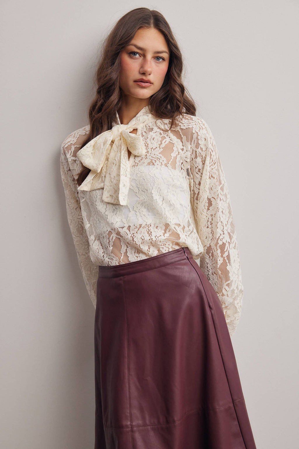 Sheer Lace Tie Neck Blouse FT0059