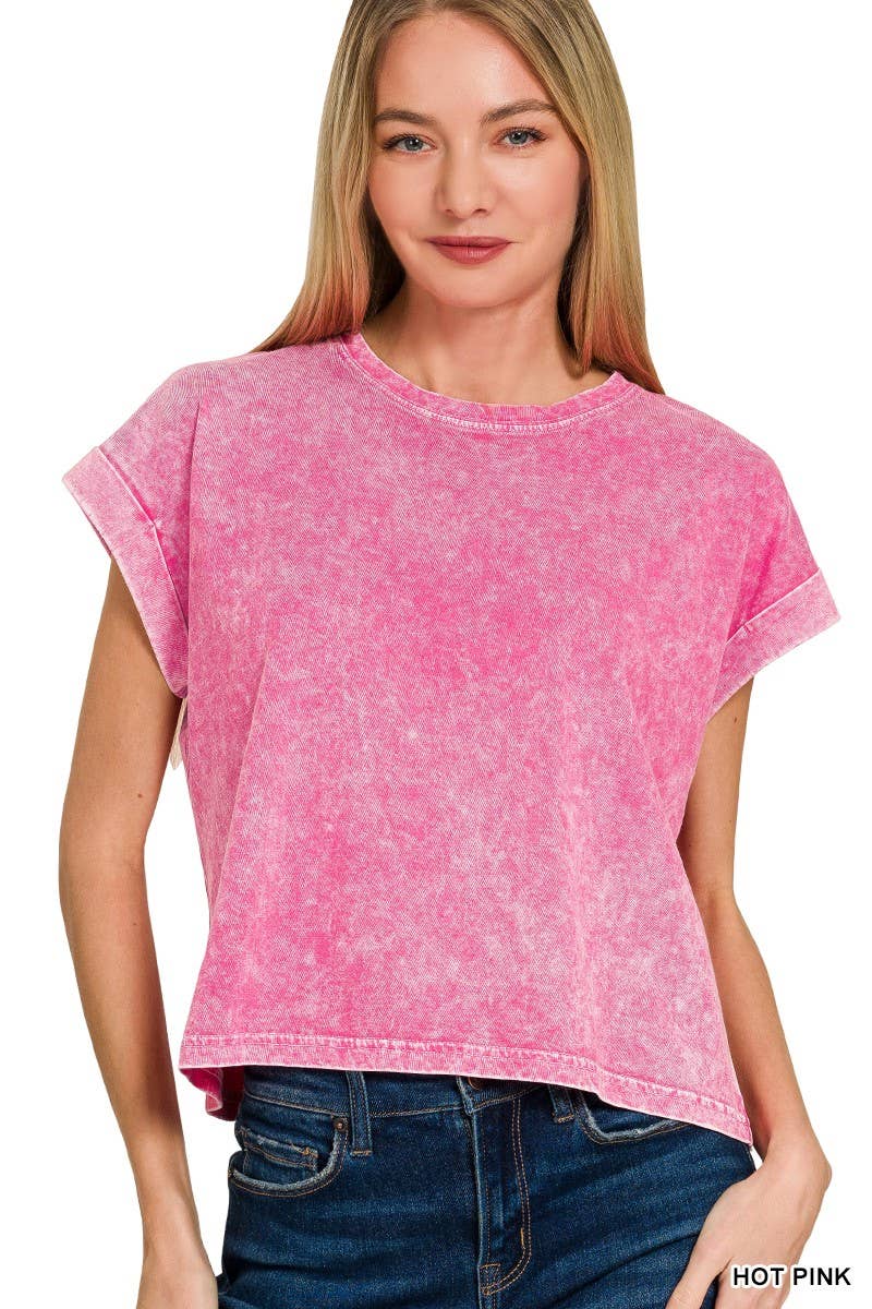 Halo Washed Cotton Cuffed Short Sleeve Top