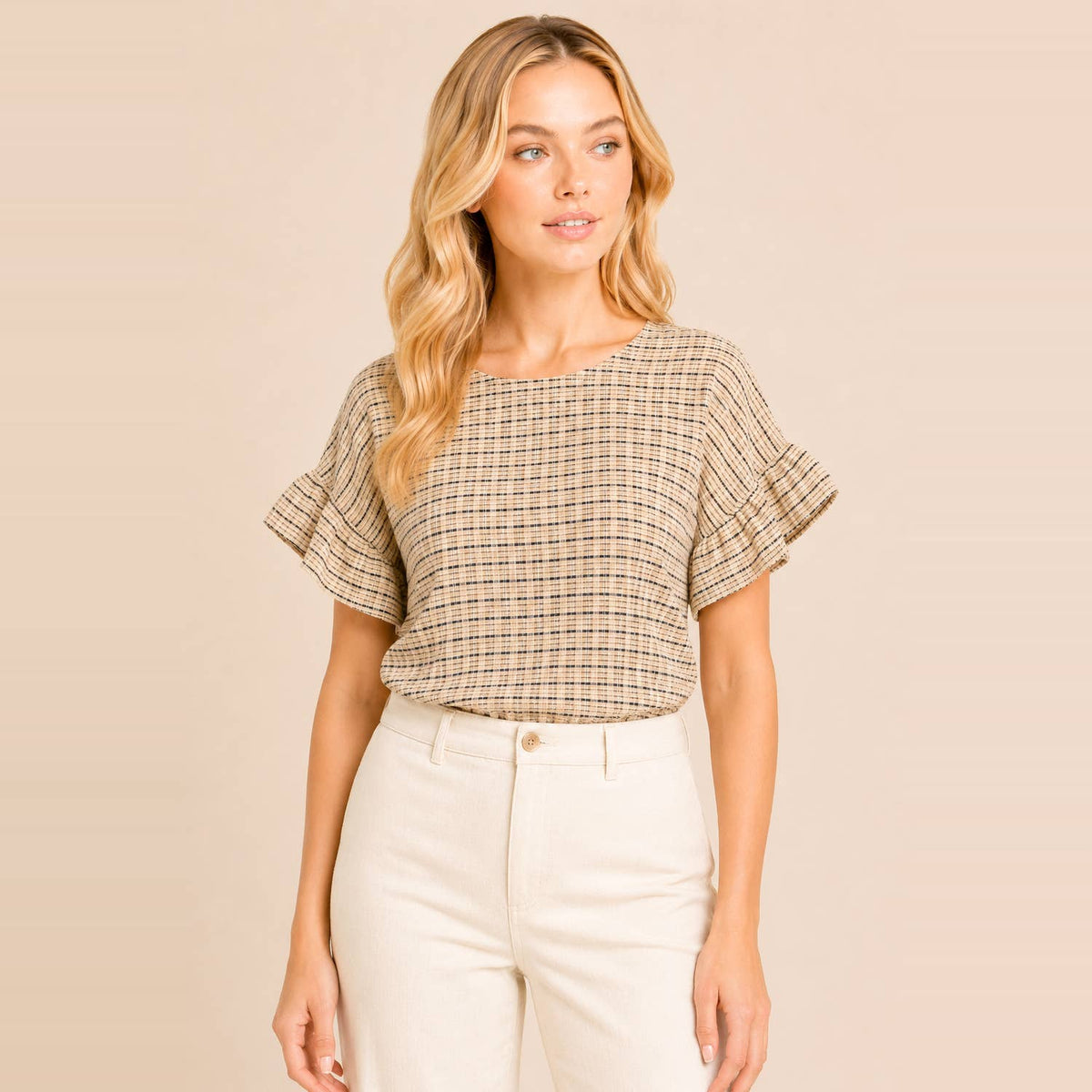 Textured Plaid Ruffle Sleeve Top