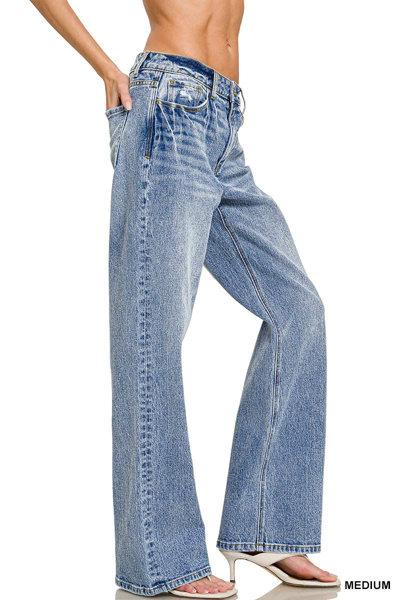 Medium Washed Straight Stretch Denim Pants Zenana
