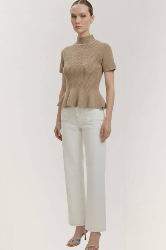 CSW17871 - MOCK NECK RIBBED RUFFLED SHORT SLEEVE SWEATER