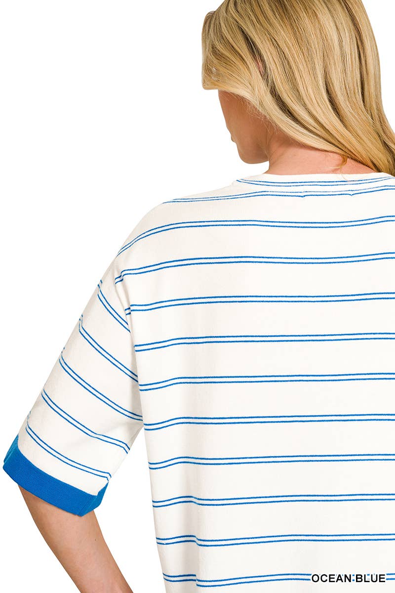 Oversized Viscose Stripe Short Sleeve Sweater