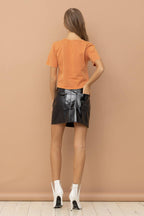 32154T - Washed Cut Out V Tunnel Cinch Tie Front Studded Tee