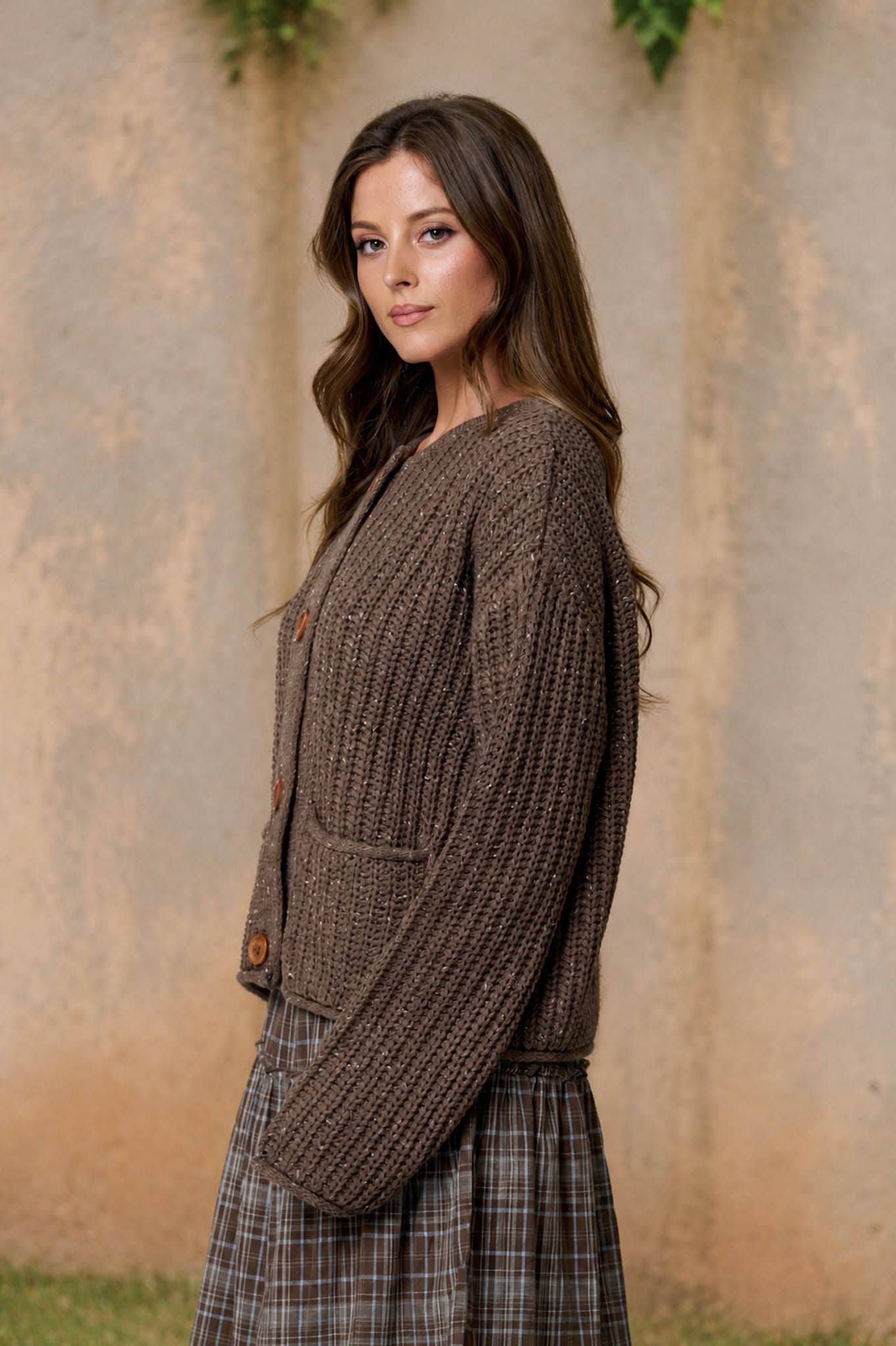 MARLED BUTTON DOWN  RAW EDGE CHUNKY KNIT CARDIGAN