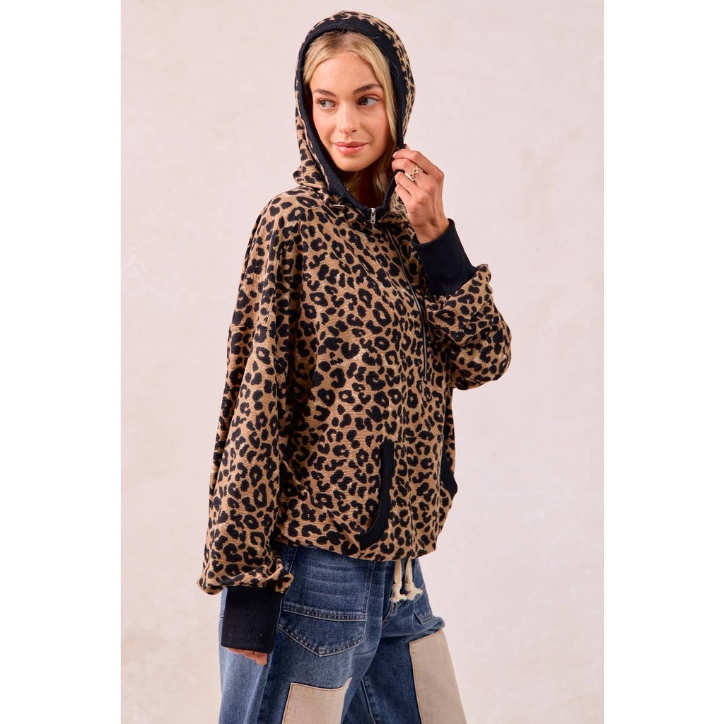 LEOPARD PRINT WAFFLE HALF ZIP UP HOODIE W POCKET