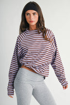 8645IN Mock Neck Yarn-Dyed Striped Oversized Long Sleeve Tee