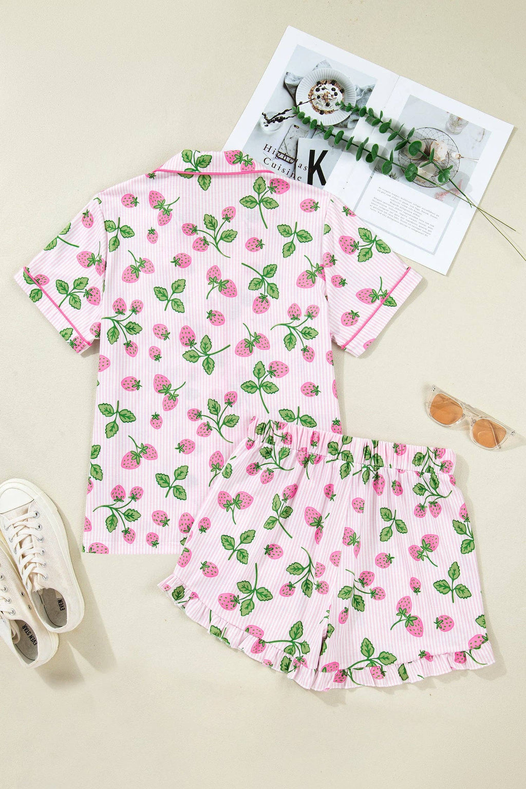 PRETTY BASH Stripe Strawberry Lapel Shirt & Shorts Set