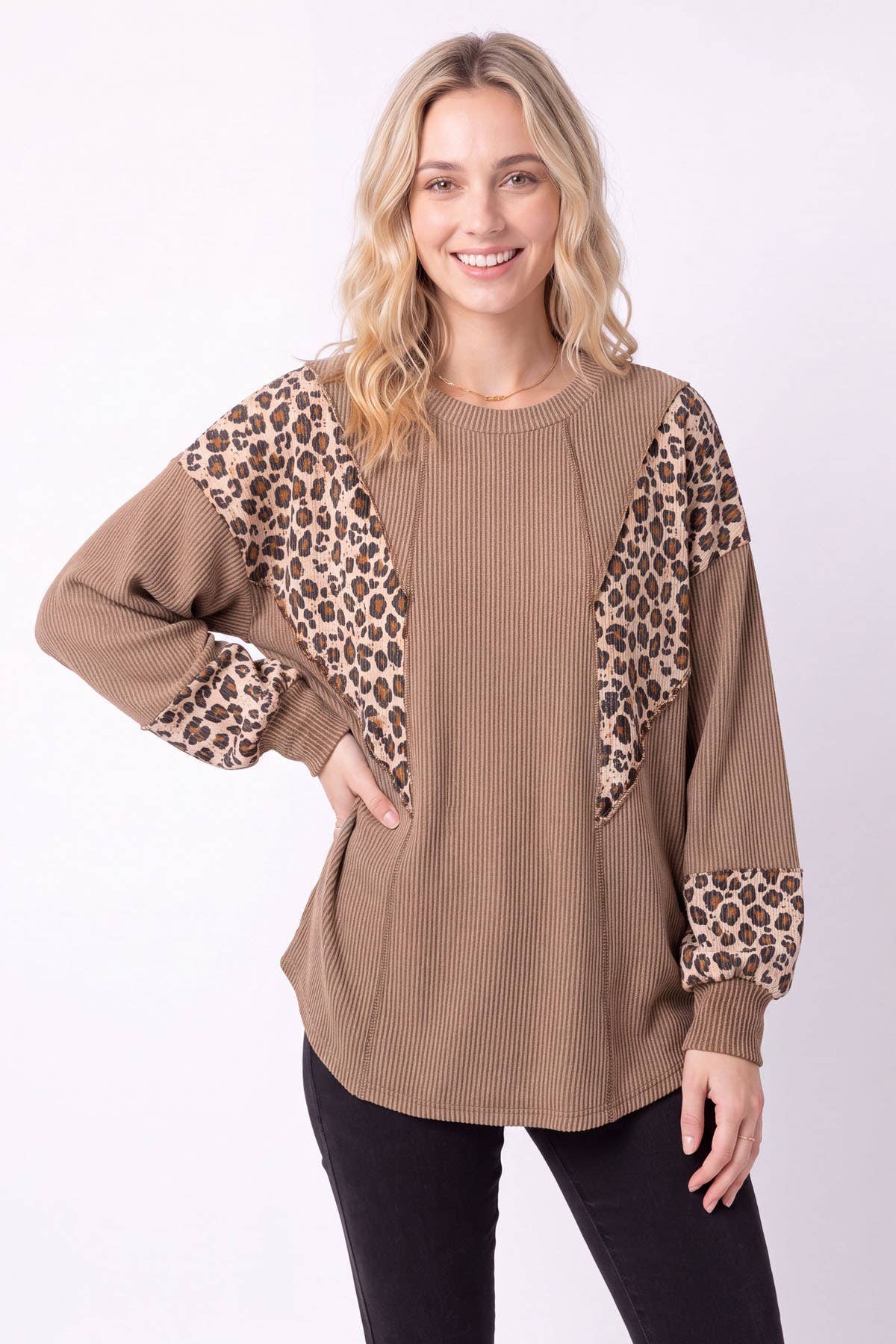 Leopard Contrast Rib Knit Pullover