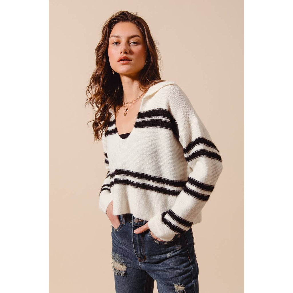 FUZZY HAIRY STRIPE DEEP U NECK SWEATER TOP