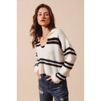 FUZZY HAIRY STRIPE DEEP U NECK SWEATER TOP