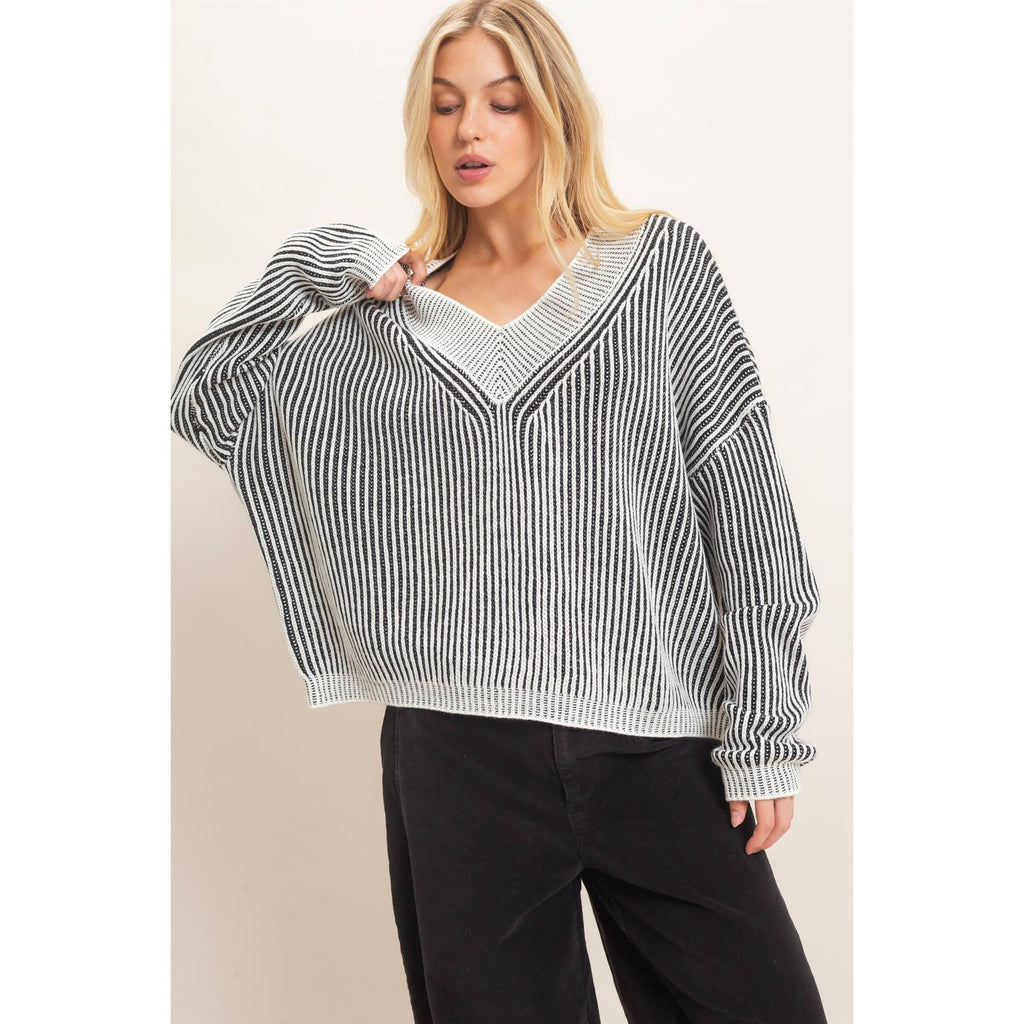 Striped V-Neck Ribbed Sweater
