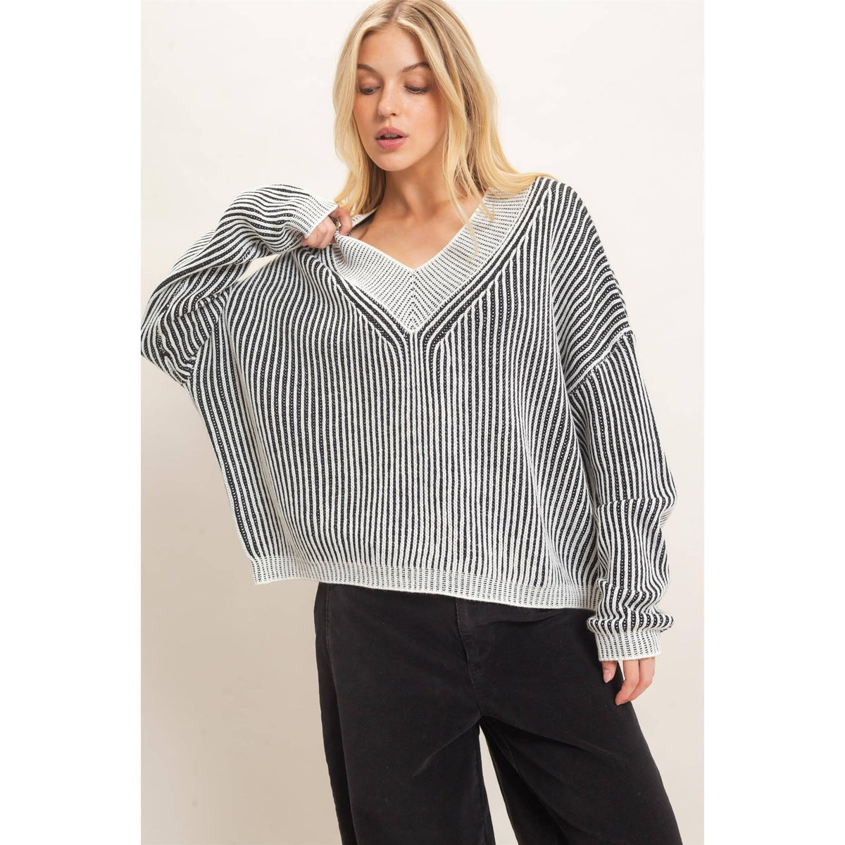 Striped V-Neck Ribbed Sweater