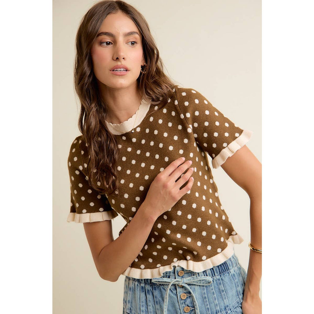 POLKA DOT RUFFLED SHORT SLEEVES SWEATER KNIT TOP