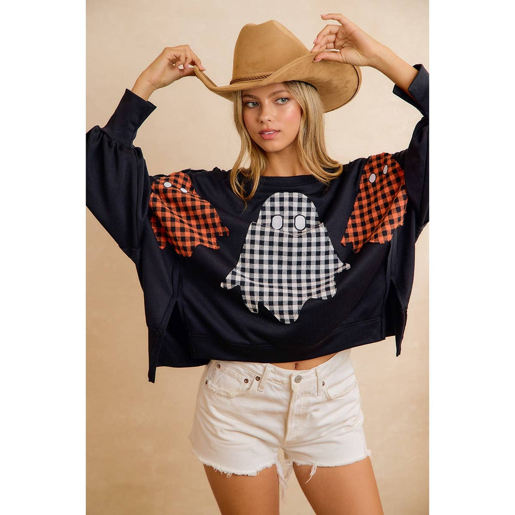 OVERSIZED PLAID GHOST APPLIQUE HALLOWEEN SWEATSHIRT