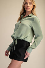 Collar Neck Long Sleeve Adjustable Drawstring Hem Shirt