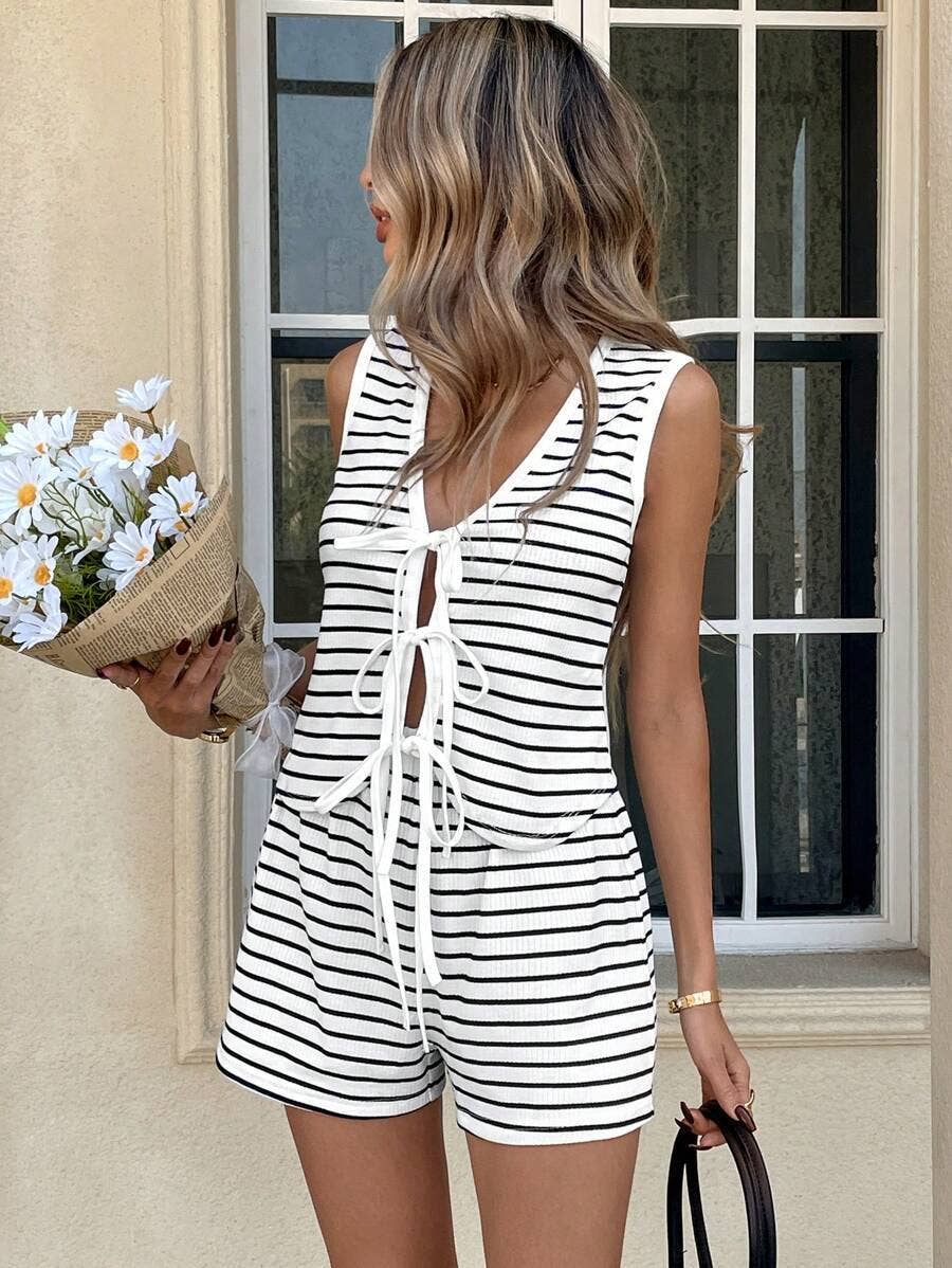 Women’s Striped Tie Front Sleeveless Top and Shorts Set Casual Summer Lounge 2pcs Outfit