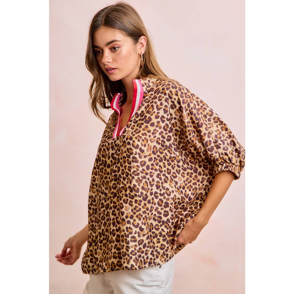 LEOPARD CONTRAST BANDED DOLMAN SLEEVES BLOUSE TOP