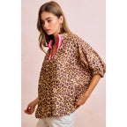 LEOPARD CONTRAST BANDED DOLMAN SLEEVES BLOUSE TOP