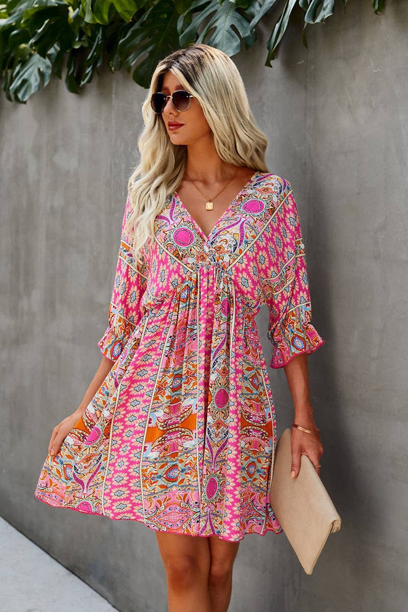 Boho Print Wrap Neck Tie Back Pleated Hem Dress
