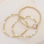 3PCS - Quatrefoil Pearl Metal Ball Beaded Stretch Bracelets