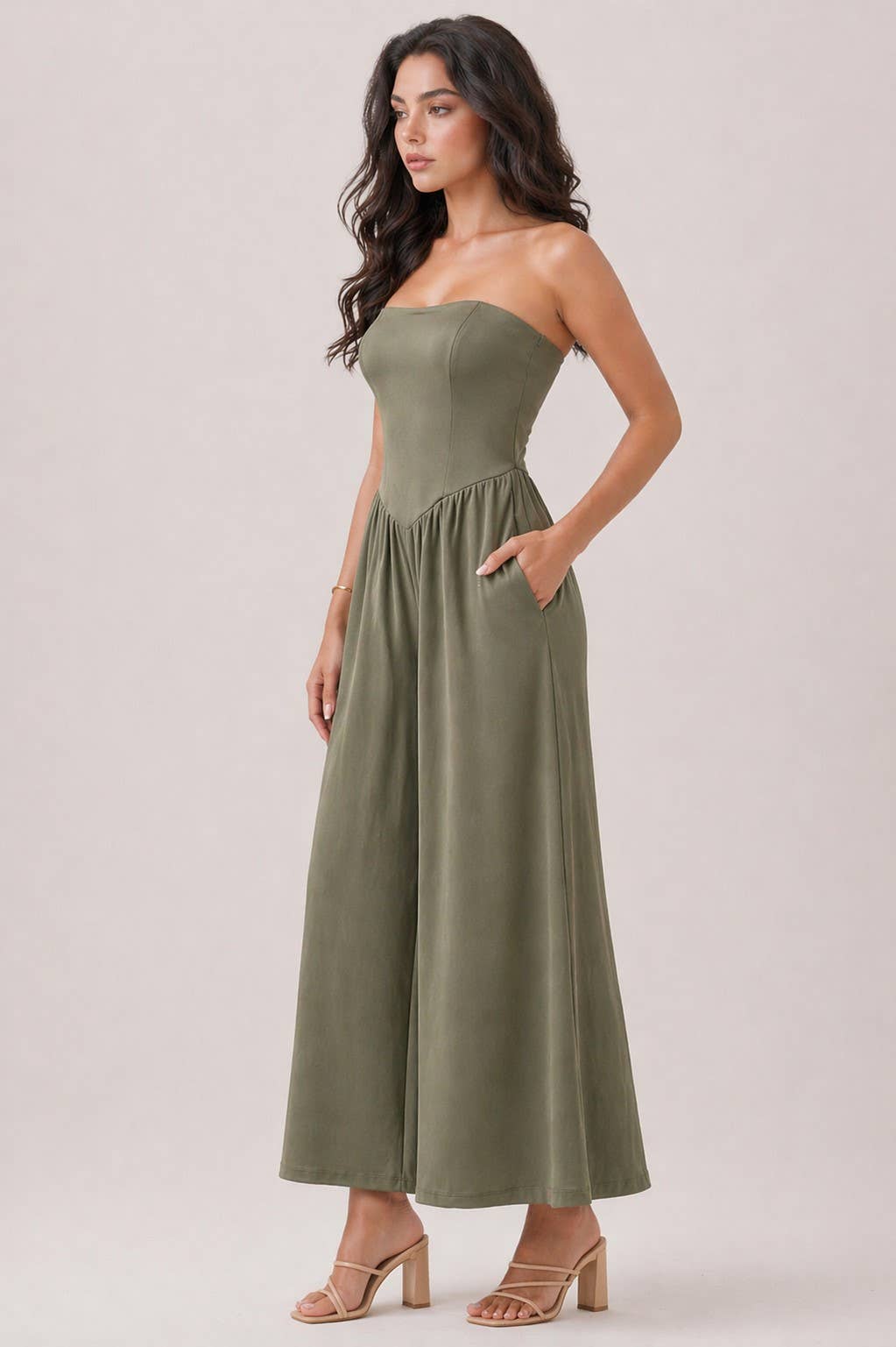 JR56941C - V SHAPE DROP WAIST TUBE JUMPSUIT