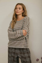 CREAM STRIPED DROP SHOULDER CREW NECK SWEATER